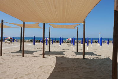 Scenic view of beach against clear sky on sunny day