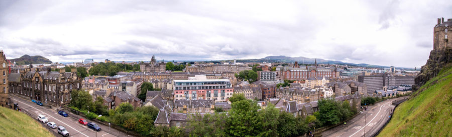 High angle view of street amidst buildings in city