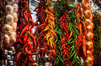 Low angle view of spices hanging at market stall