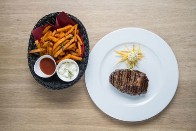 High angle view of food served on table