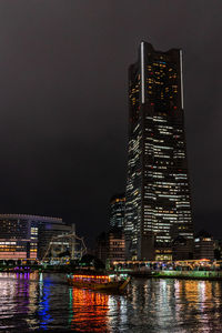 View of landmark tower at night, the tallest skyscraper of yokohama skyline, japan