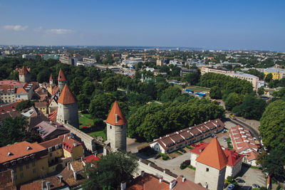 High angle view of town against sky