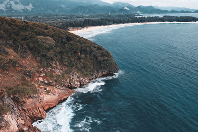 High angle view of sea and mountains