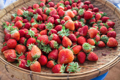 High angle view of strawberries in basket