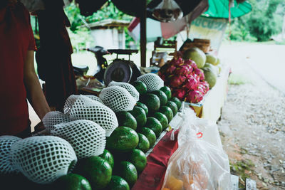Midsection of vendor selling fruits at market