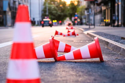 Close-up of red flag on road in city