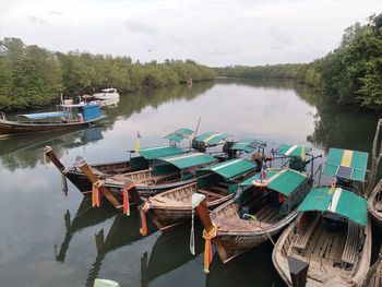 High angle view of boats moored in lake