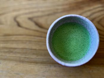 High angle view of tea in cup on table