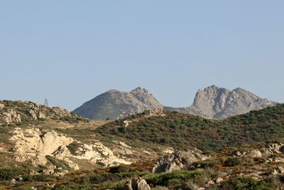 Scenic view of rocky mountains against clear sky