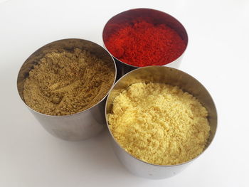 High angle view of eggs in bowl against white background