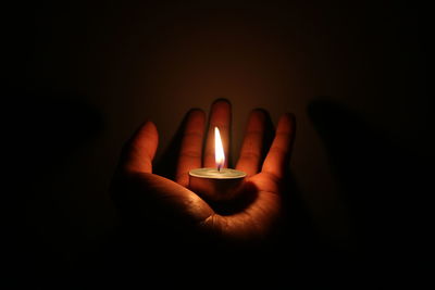 Close-up of hand holding burning candle