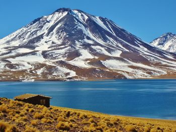 Scenic view of lake by snowcapped mountain