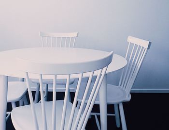 Close-up of empty chairs and tables on dining table