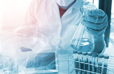 Midsection of scientist examining chemical with digital tablet in laboratory