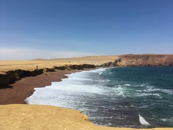 View of beach against clear blue sky