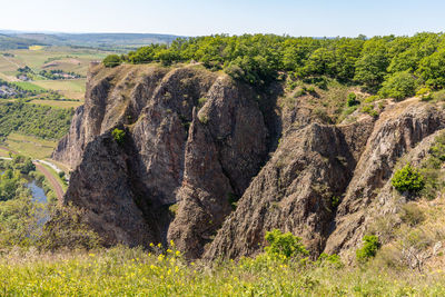 Wide angle view at landscape with rock massif from rotenfels, bad muenster am stein