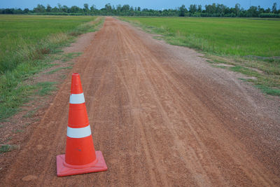 Dirt road amidst field