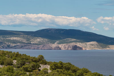 Scenic view of sea and mountains against sky