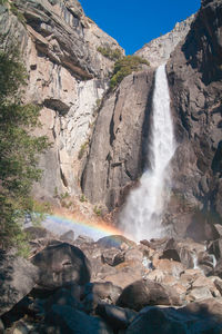 Scenic view of waterfall against sky