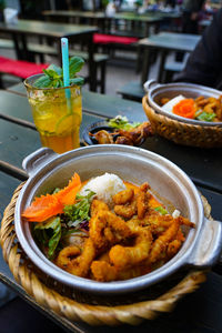 Close-up of meal served on table