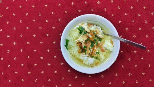 High angle view of soup in bowl