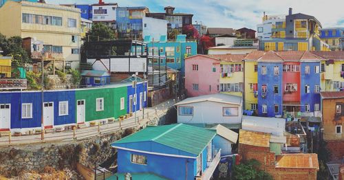 High angle view of colourful buildings in cerro bella vista valparaiso city