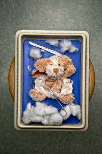 Directly above shot of toy with surgical equipment in medical tray on table