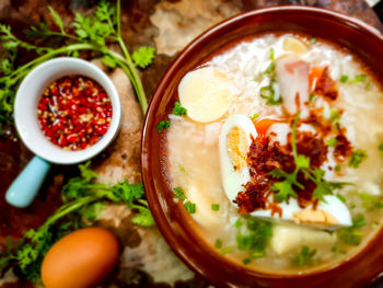 High angle view of food in bowl on table