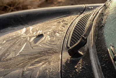 Close-up of frost patterns on hood of car