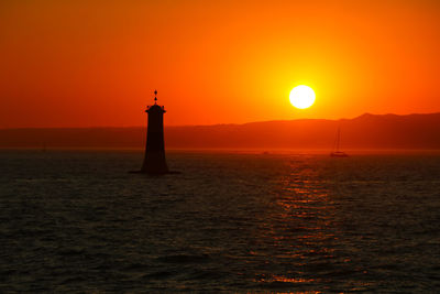 Silhouette lighthouse by sea against orange sky