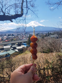 Close-up of hand holding ice cream cone against sky