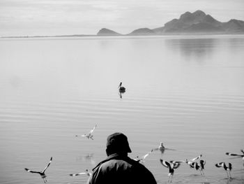 Rear view of men swimming in lake against sky