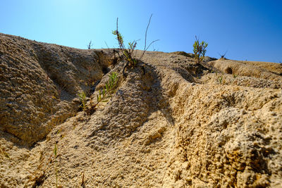 Low angle view of rocks on land against clear sky