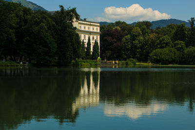 Reflection of trees in lake against sky