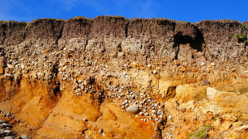 Low angle view of pancake rocks at punakaiki on sunny day