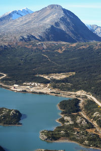 Scenic view of lake and mountains against sky