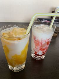 Close-up of drink on glass table