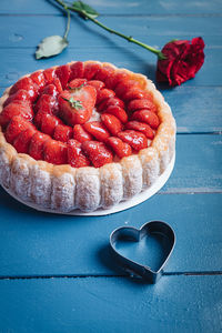 High angle view of strawberries on table