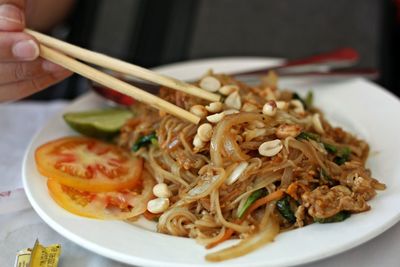 Close-up of noodles served in plate on table