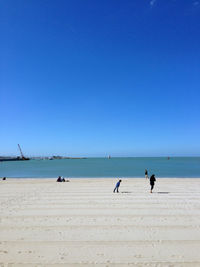 People on beach against clear blue sky