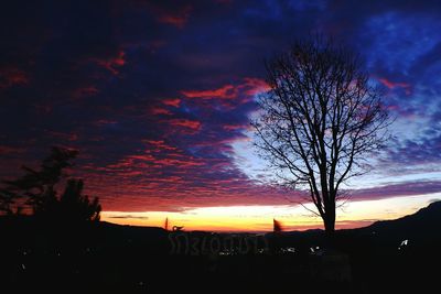 Silhouette trees on landscape against sky at sunset