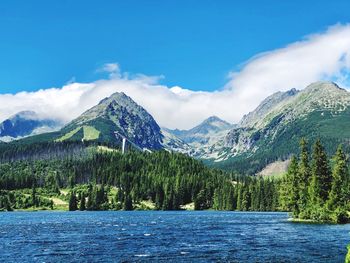 Scenic view of lake by mountains against sky