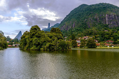 Scenic view of lake by trees against sky