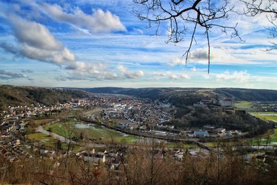 Aerial view of landscape and river against sky