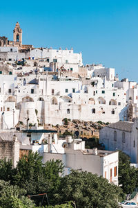 High angle view of buildings in city against clear blue sky