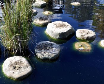 Reflection of rocks in calm lake