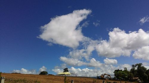 Trees on landscape against blue sky