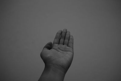 Close-up of person hand against gray background