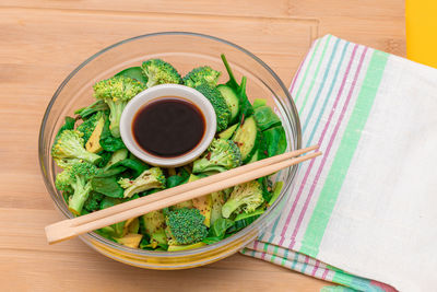 High angle view of food in bowl on table