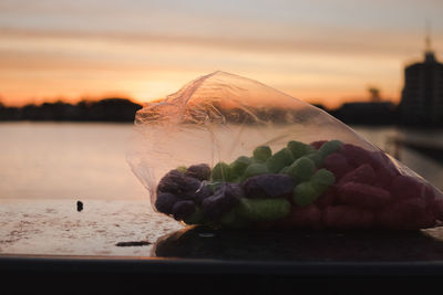 Close-up of fruit on table against sky during sunset